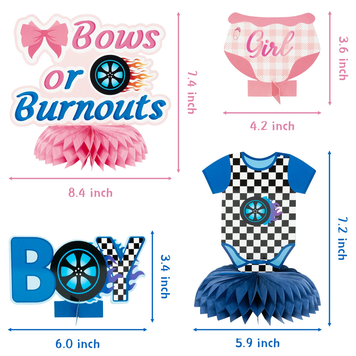 G1ngtar 12Pcs Burnouts or Bows Gender Reveal Party Honeycomb Centerpieces Table Toppers for Boys Girls Blue and Pink Car Wheel Bow Tie Party Decoration Supplies for He or She Gender Reveal Baby Shower