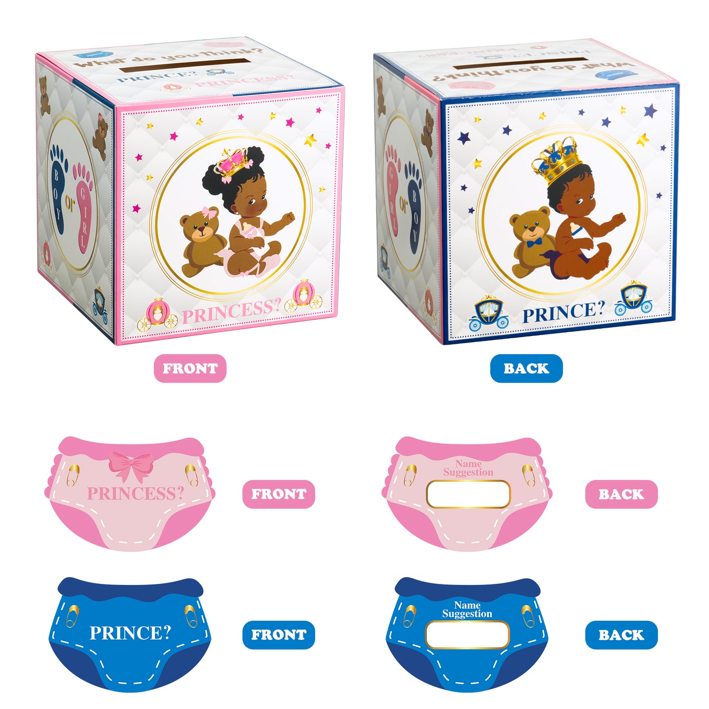 G1ngtar Royal Gender Reveal Voting Box with 50Pcs African American Little Prince Princess Ballot Cards Cast Your Vote Baby Boys or Girls Blue and Pink Baby Shower Gender Reveal Party Games Supplies