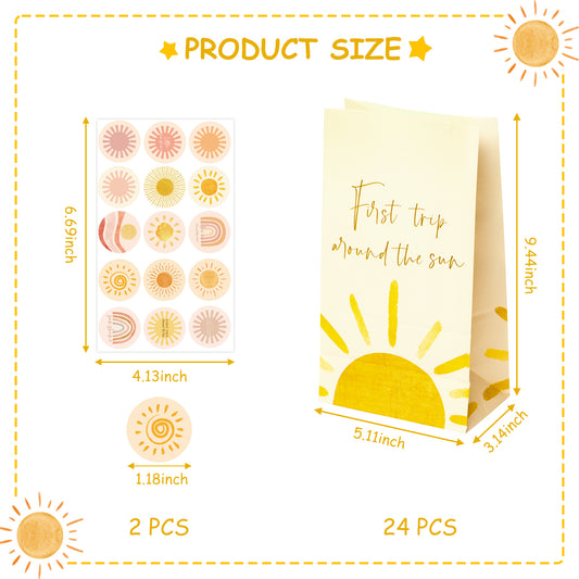 G1ngtar 24 Pcs Boho Sun First Trip Around The Sun Party Favor Bags with Bohemian Hippie Rainbow Little Sunshine Stickers You are My Sunshine First Birthday Party Decoration Supplies for Boys Girls