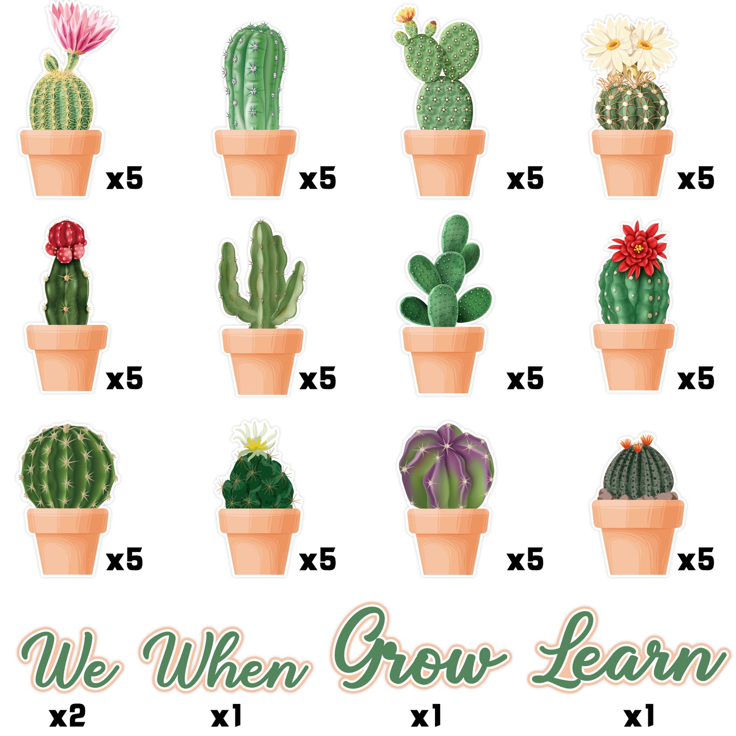 G1ngtar 70Pcs When We Learn We Grow Cactus Bulletin Board Decoration Set Green Plant Prickly Cactus DIY Cardstock Paper Cutouts Wall Decals Teacher Supplies for Fiesta Classroom School Kindergarten