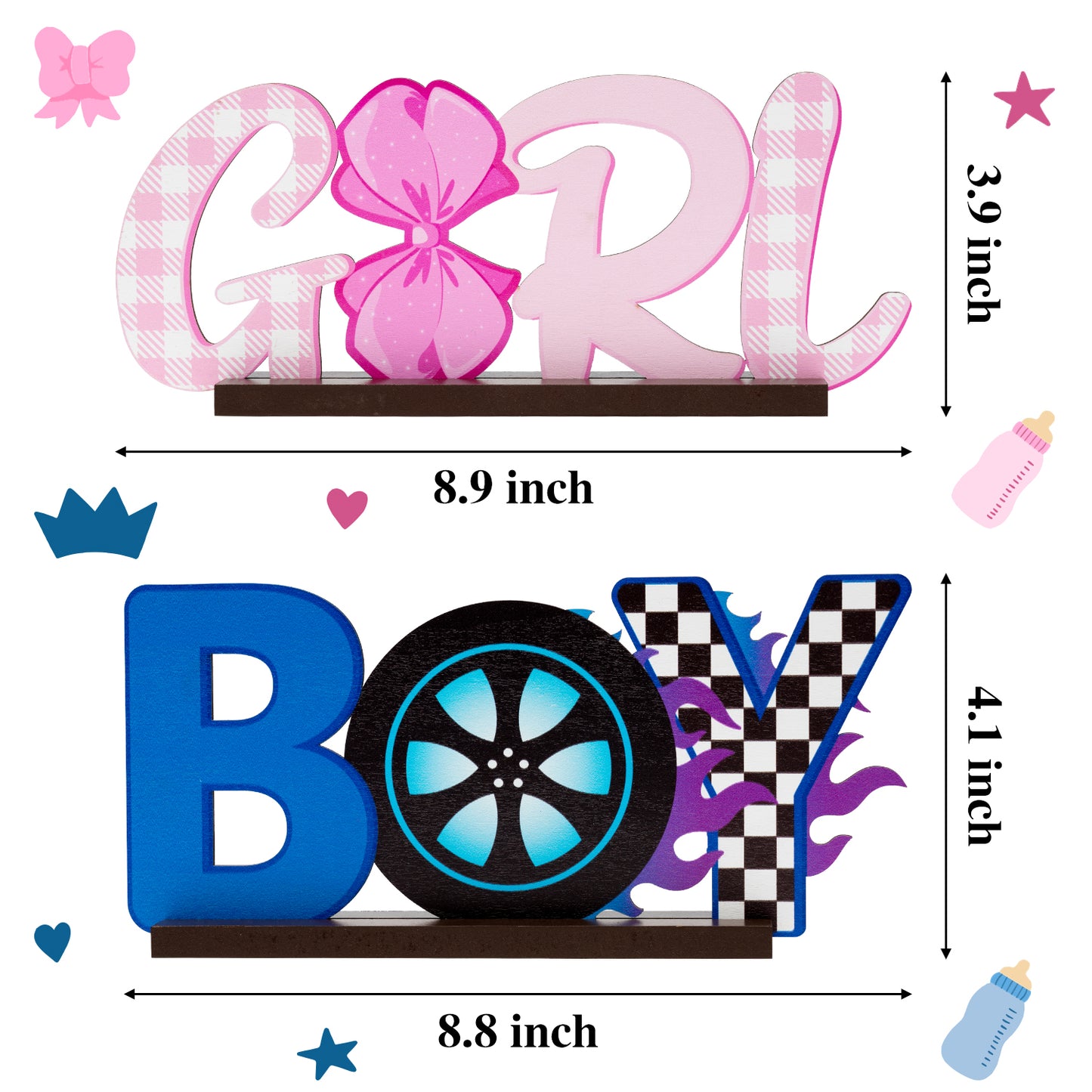 G1ngtar 2Pcs Burnouts or Bow Gender Reveal Wooden Table Centerpieces Boy or Girl Letter Signs Blue Car Wheel Pink Polka Dots Bow Tie Party Decorations Supplies for He or She Gender Reveal Baby Shower