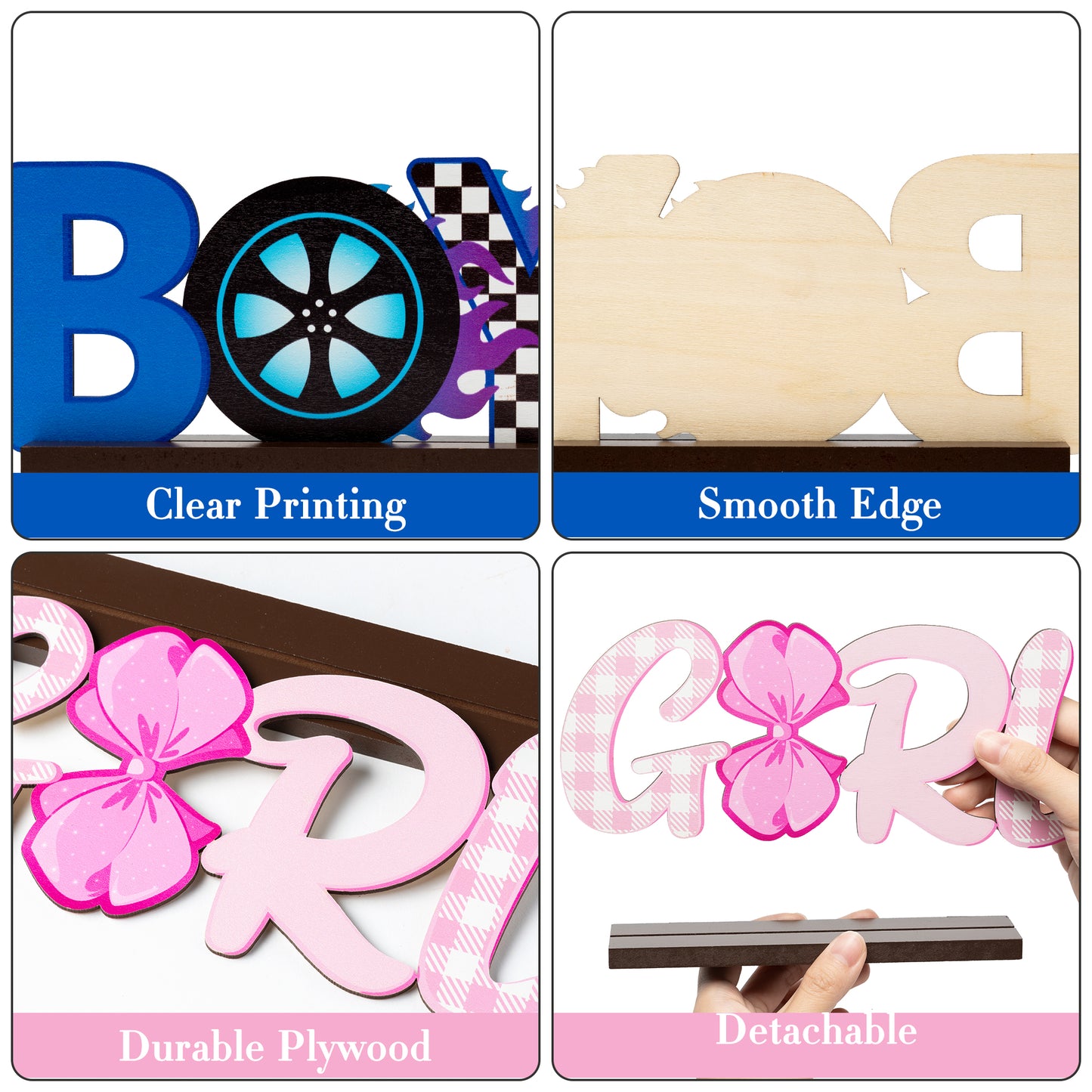 G1ngtar 2Pcs Burnouts or Bow Gender Reveal Wooden Table Centerpieces Boy or Girl Letter Signs Blue Car Wheel Pink Polka Dots Bow Tie Party Decorations Supplies for He or She Gender Reveal Baby Shower