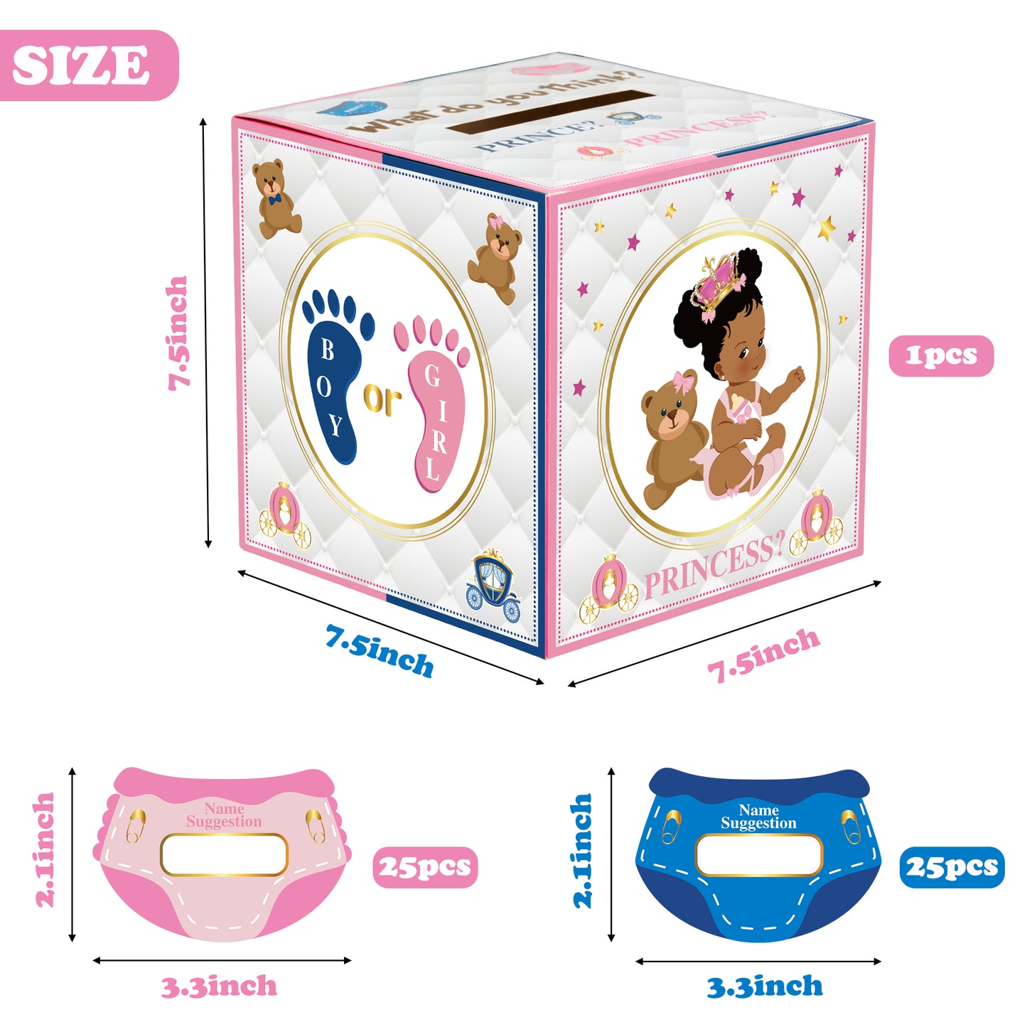 G1ngtar Royal Gender Reveal Voting Box with 50Pcs African American Little Prince Princess Ballot Cards Cast Your Vote Baby Boys or Girls Blue and Pink Baby Shower Gender Reveal Party Games Supplies