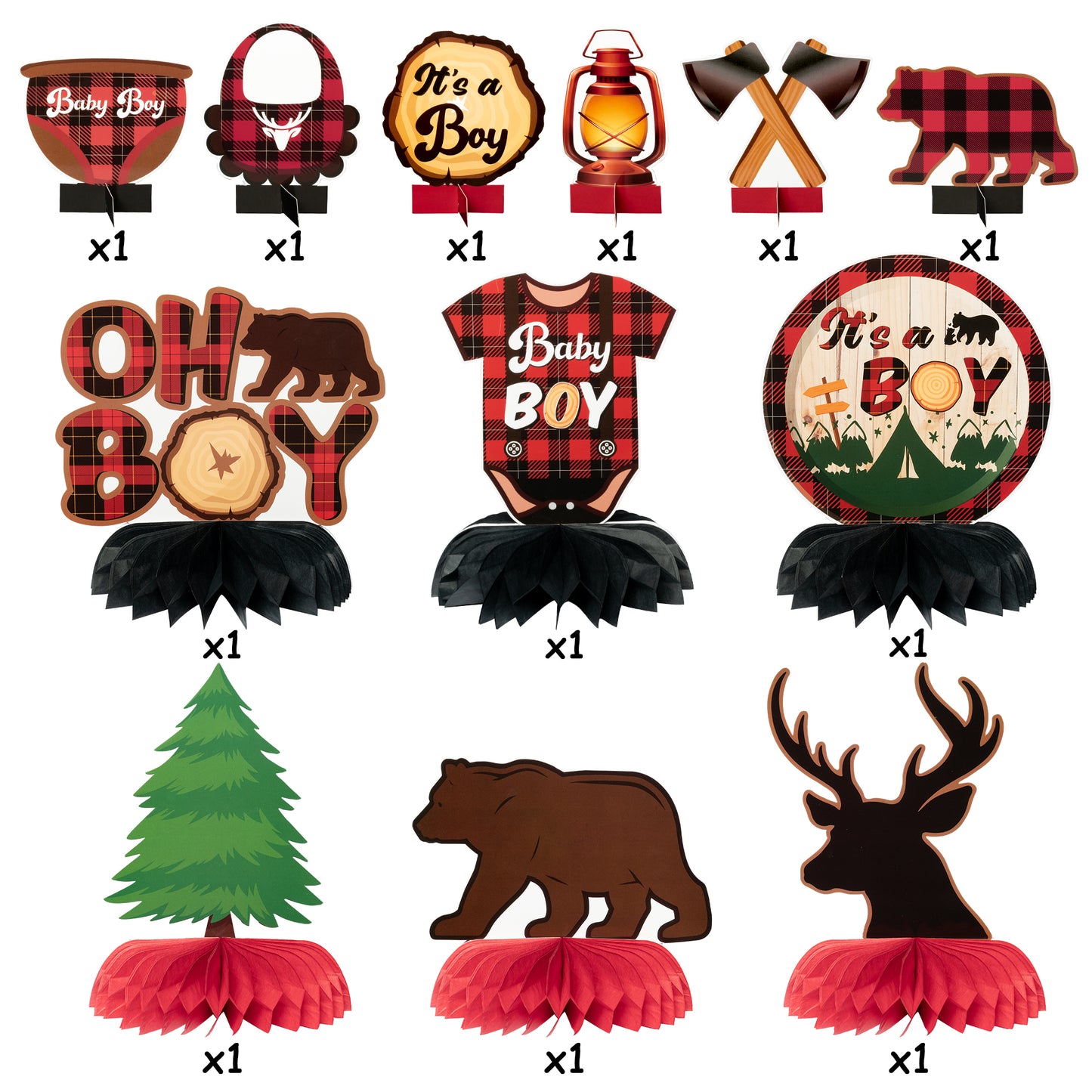 G1ngtar 12Pcs Lumberjack Baby Shower Party Honeycomb Centerpieces for Baby Boys Red Buffalo Plaid It’s a Boy Table Toppers Adventure Themed Gender Reveal Party Decoration Supplies Photo Booth Props