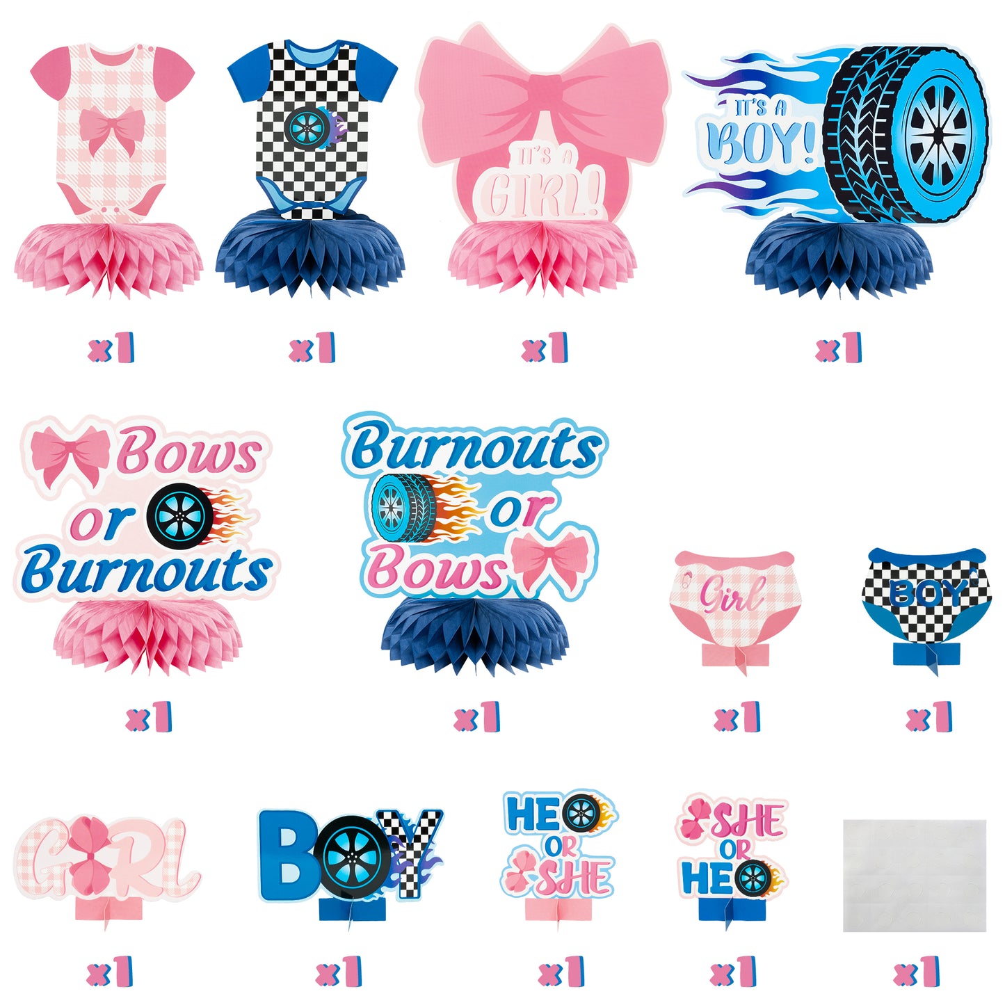 G1ngtar 12Pcs Burnouts or Bows Gender Reveal Party Honeycomb Centerpieces Table Toppers for Boys Girls Blue and Pink Car Wheel Bow Tie Party Decoration Supplies for He or She Gender Reveal Baby Shower