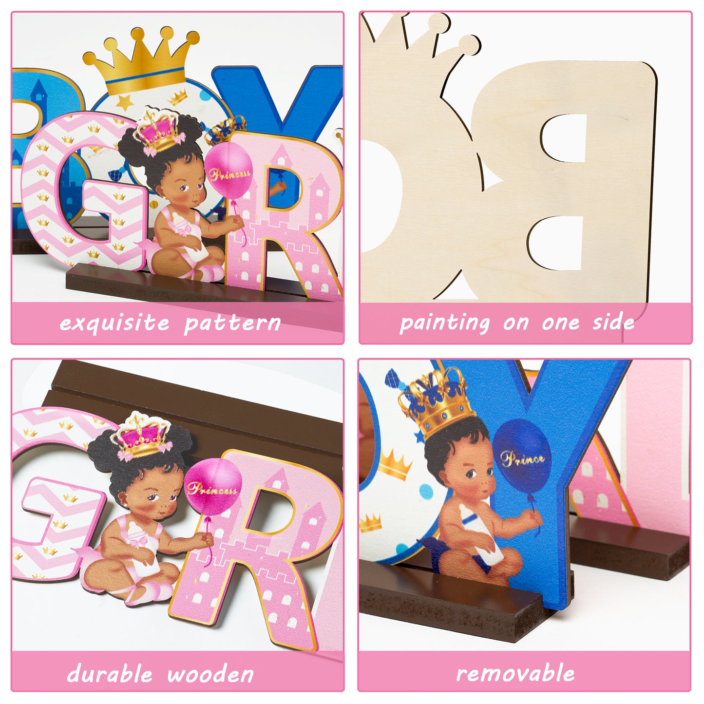 G1ngtar 2Pcs Royal Prince or Princess Gender Reveal Wooden Table Centerpieces African American Boy or Girl Letter Signs Blue and Pink Party Decorations Supplies for He or She Gender Reveal Baby Shower