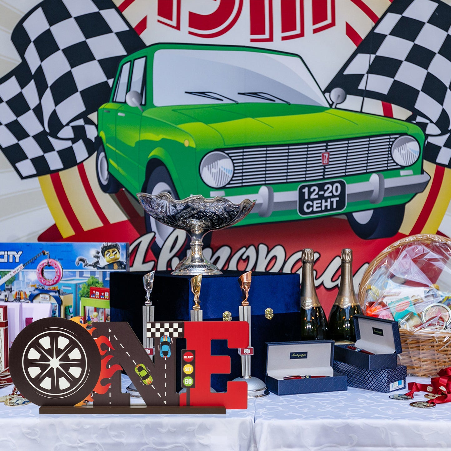 G1ngtar Race Car ONE Letter Sign Wooden Table Centerpiece Let’s Go Racing Checkered Theme 1st Birthday Party Decoration Supplies Milestone Cake Smash Baby Shower Photo Prop Table Decor for Baby Boys