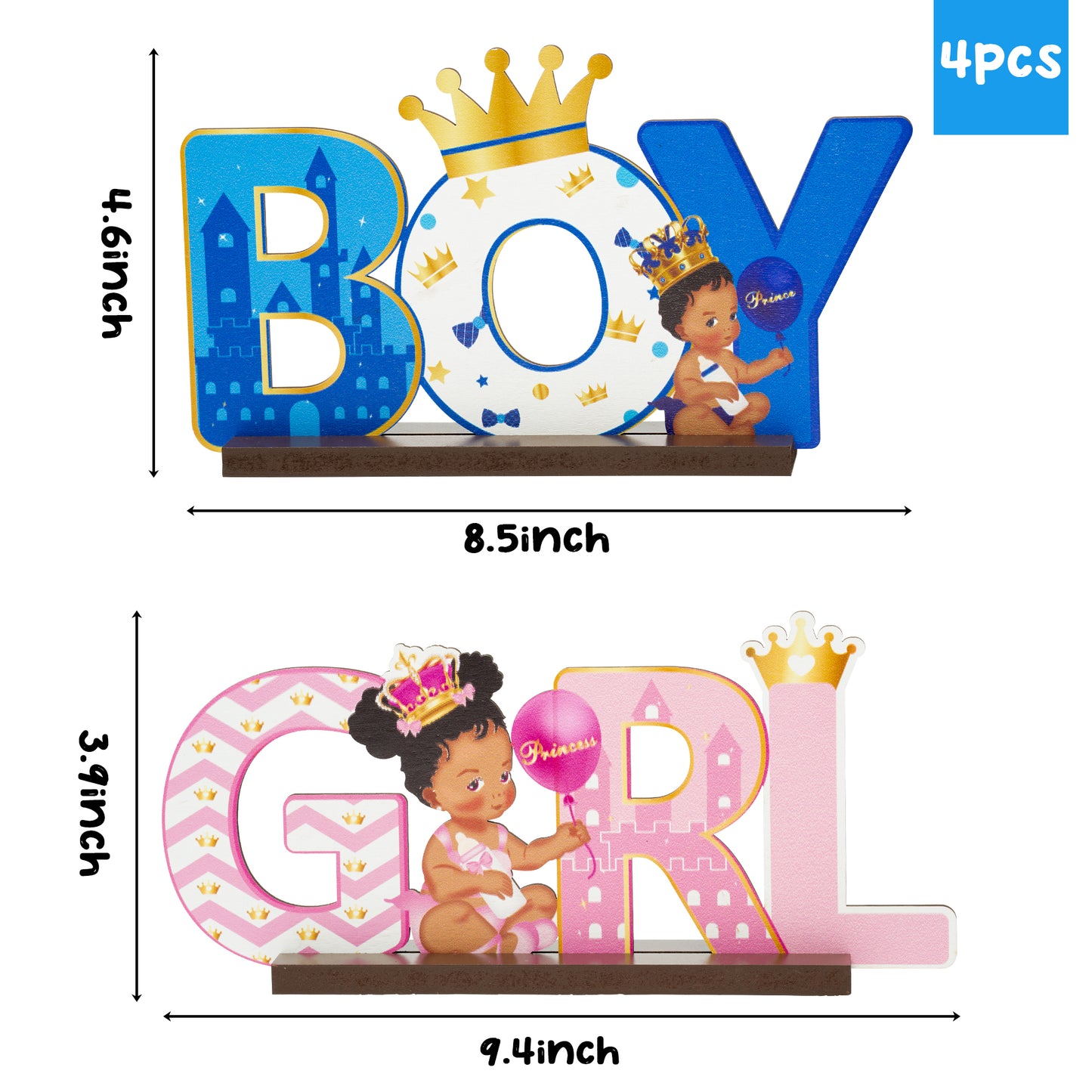 G1ngtar 2Pcs Royal Prince or Princess Gender Reveal Wooden Table Centerpieces African American Boy or Girl Letter Signs Blue and Pink Party Decorations Supplies for He or She Gender Reveal Baby Shower