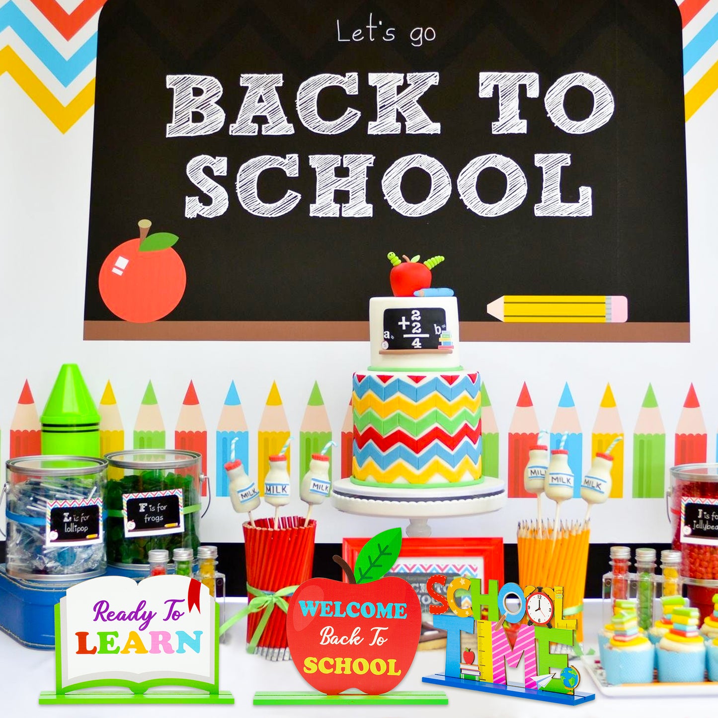 G1ngtar 3pcs Welcome Back to School Table Decoration Set School Time Ready to Learn Sign Wooden Table Centerpieces First Day of School Party Decoration Teacher Supplies Photo Props for Classroom