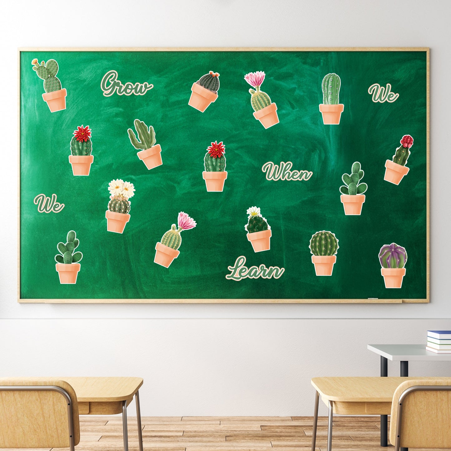 G1ngtar 70Pcs When We Learn We Grow Cactus Bulletin Board Decoration Set Green Plant Prickly Cactus DIY Cardstock Paper Cutouts Wall Decals Teacher Supplies for Fiesta Classroom School Kindergarten