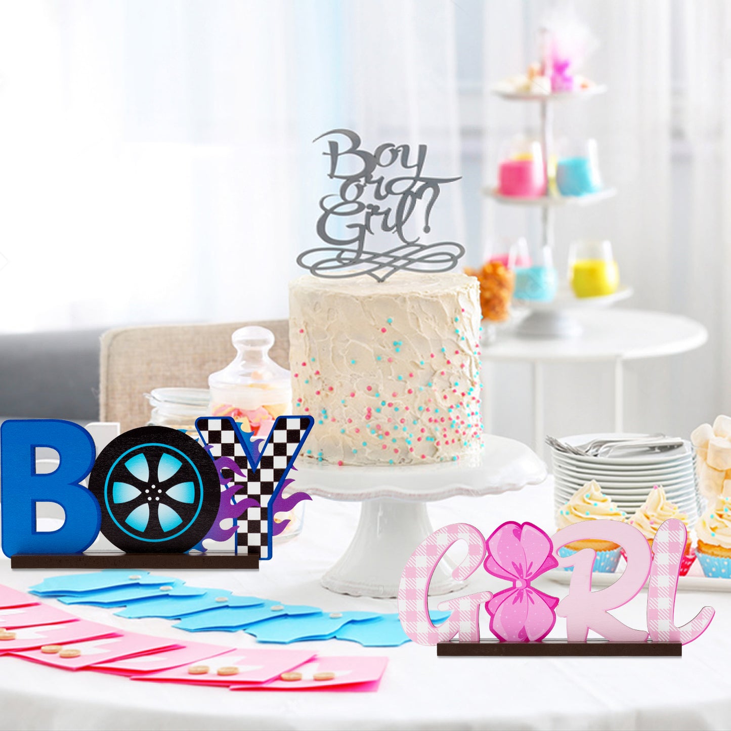 G1ngtar 2Pcs Burnouts or Bow Gender Reveal Wooden Table Centerpieces Boy or Girl Letter Signs Blue Car Wheel Pink Polka Dots Bow Tie Party Decorations Supplies for He or She Gender Reveal Baby Shower