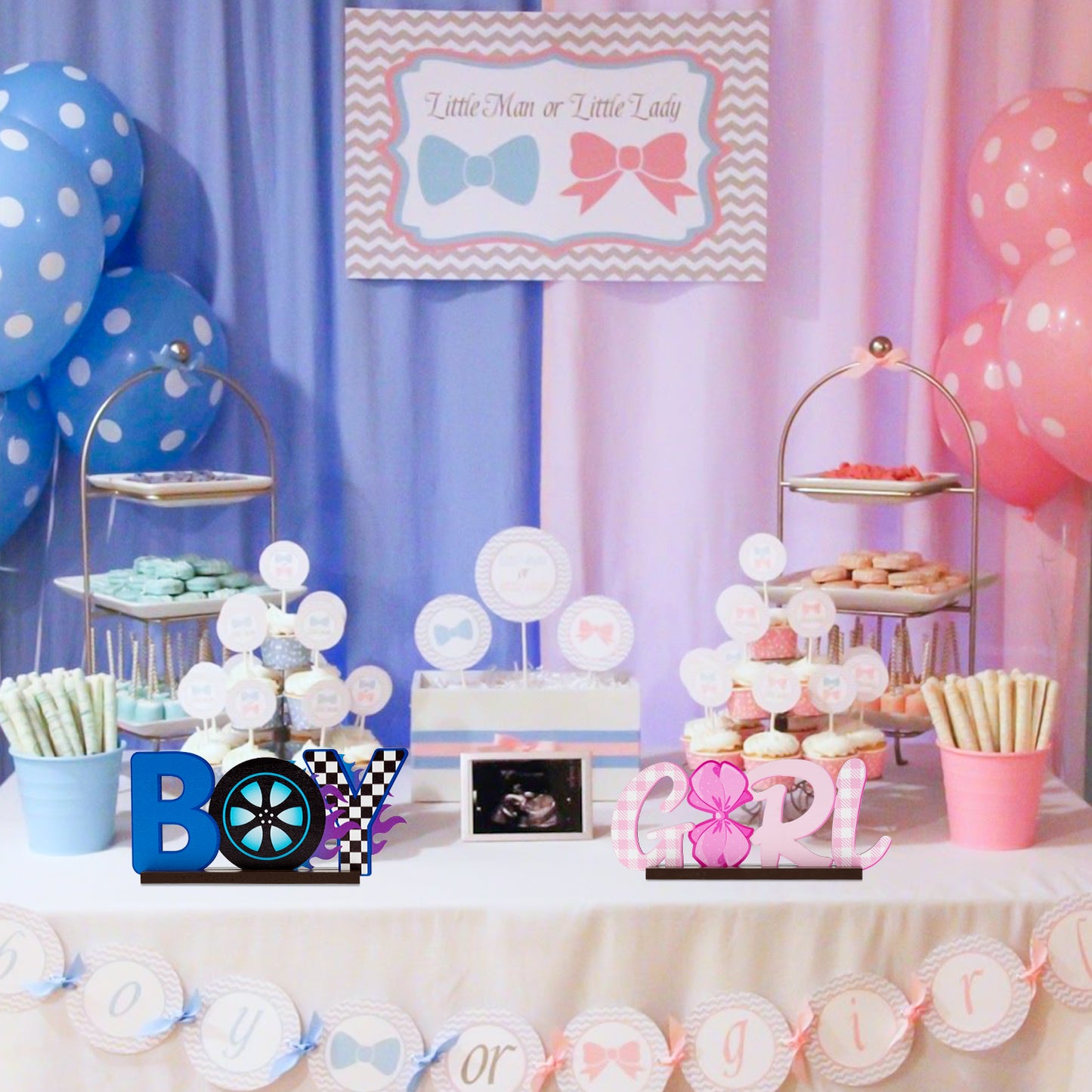 G1ngtar 2Pcs Burnouts or Bow Gender Reveal Wooden Table Centerpieces Boy or Girl Letter Signs Blue Car Wheel Pink Polka Dots Bow Tie Party Decorations Supplies for He or She Gender Reveal Baby Shower