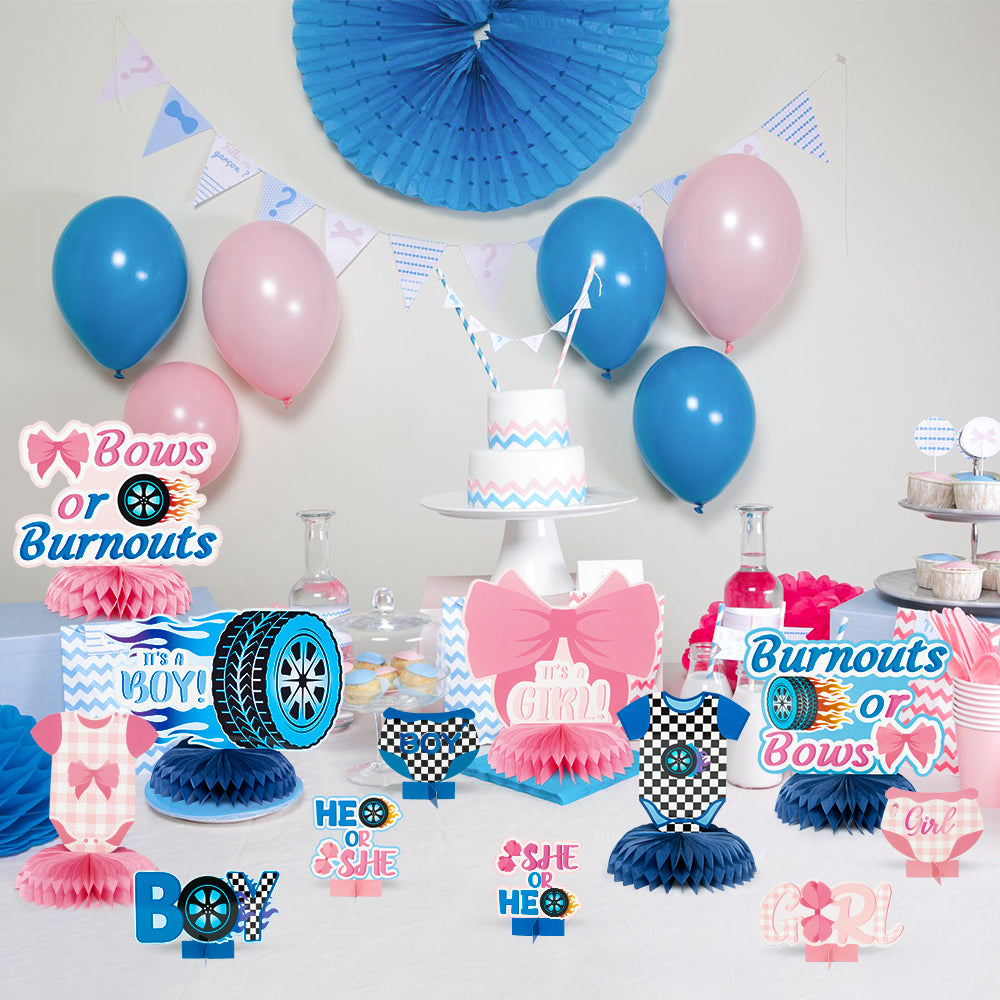 G1ngtar 12Pcs Burnouts or Bows Gender Reveal Party Honeycomb Centerpieces Table Toppers for Boys Girls Blue and Pink Car Wheel Bow Tie Party Decoration Supplies for He or She Gender Reveal Baby Shower