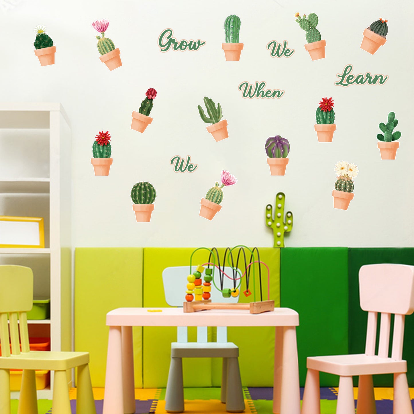 G1ngtar 70Pcs When We Learn We Grow Cactus Bulletin Board Decoration Set Green Plant Prickly Cactus DIY Cardstock Paper Cutouts Wall Decals Teacher Supplies for Fiesta Classroom School Kindergarten