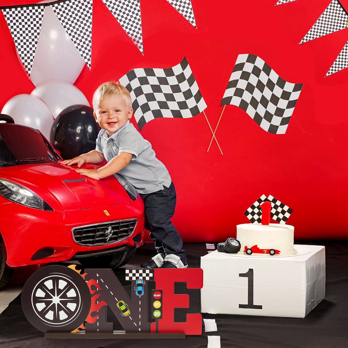 G1ngtar Race Car ONE Letter Sign Wooden Table Centerpiece Let’s Go Racing Checkered Theme 1st Birthday Party Decoration Supplies Milestone Cake Smash Baby Shower Photo Prop Table Decor for Baby Boys