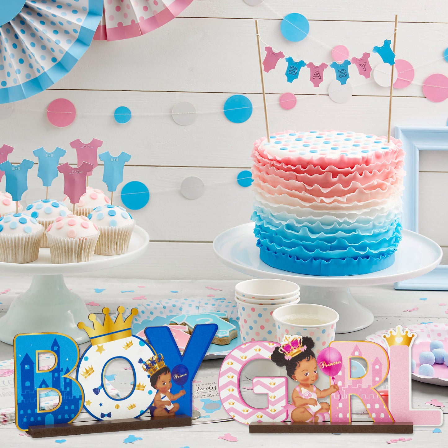 G1ngtar 2Pcs Royal Prince or Princess Gender Reveal Wooden Table Centerpieces African American Boy or Girl Letter Signs Blue and Pink Party Decorations Supplies for He or She Gender Reveal Baby Shower