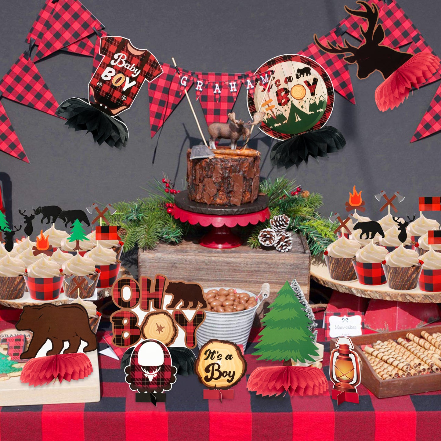 G1ngtar 12Pcs Lumberjack Baby Shower Party Honeycomb Centerpieces for Baby Boys Red Buffalo Plaid It’s a Boy Table Toppers Adventure Themed Gender Reveal Party Decoration Supplies Photo Booth Props